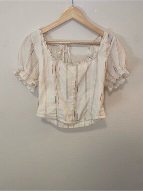 Embroidered Crop Top - Cream with Multicolor Stripes
